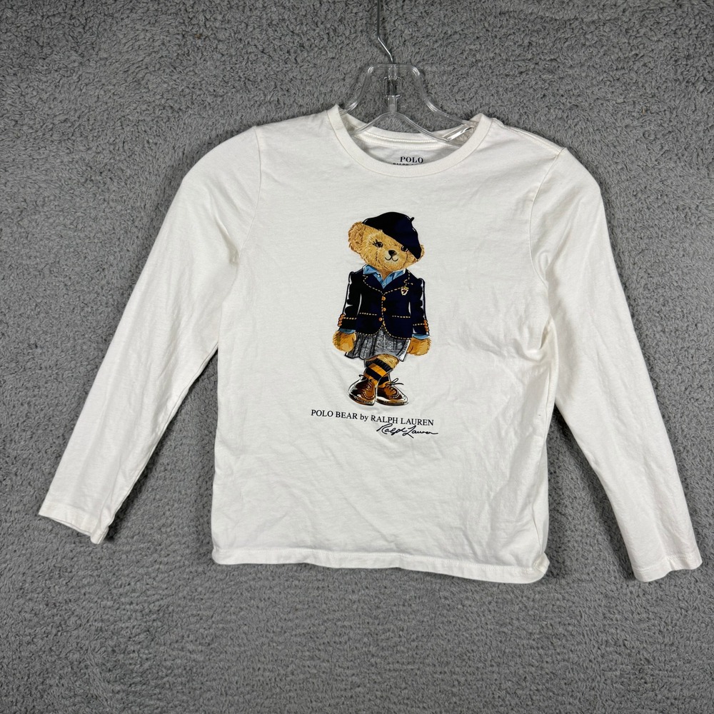 Polo Ralph Lauren Kids White Polo Bear Long Sleeve Graphic T-Shirt Size M 8-10